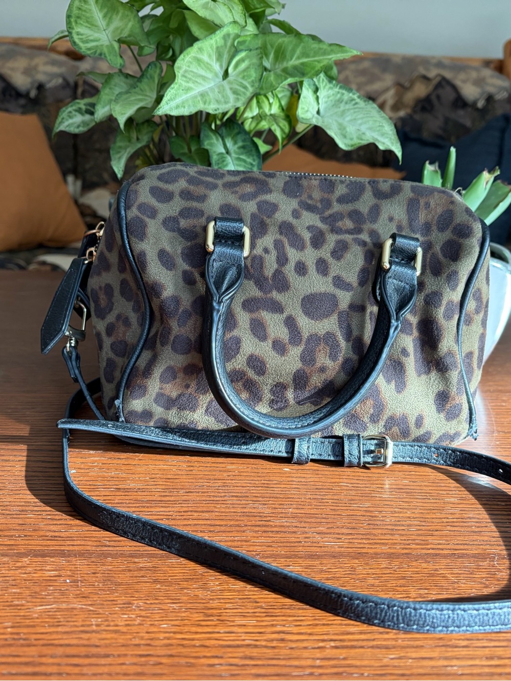 Leopard Print Satchel Handbag with Black Trim